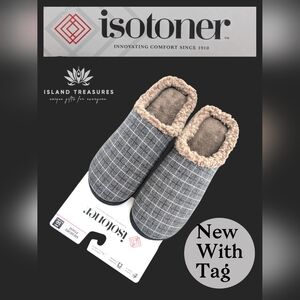 NWT Isotoner Men Sz US 9.5-10.5 Grey Checkered Memory Foam Slippers Plush Lining
